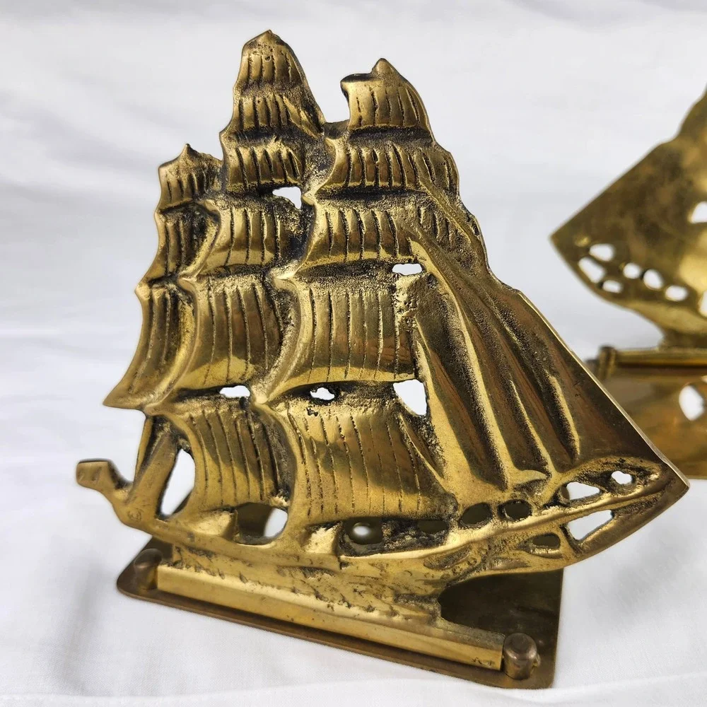 Two VTG Solid Brass Schooners Sailing Ships Nautical MCM Folding Style Bookends
